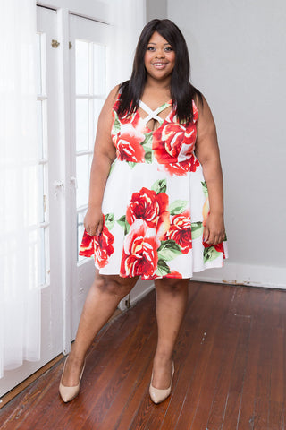 Plus Size Clothing for Women - Floral V-Neck Skater Dress - Society+ - Society Plus - Buy Online Now! - 1