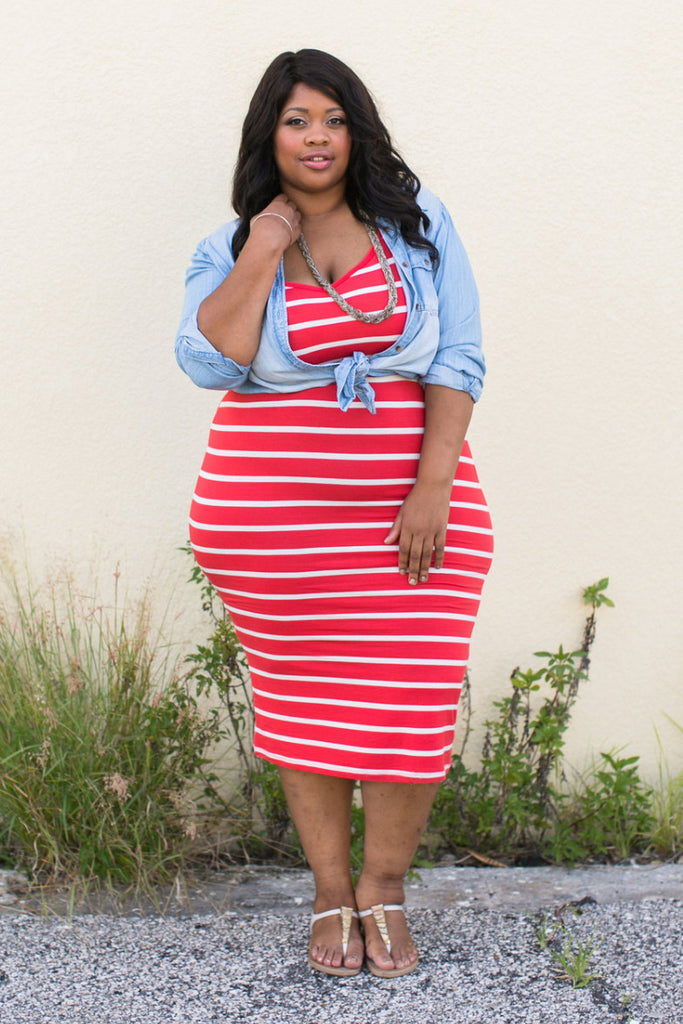 Plus Size Clothing for Women - Tailor Made Striped Dress - Coral - Society+ - Society Plus - Buy Online Now! - 1