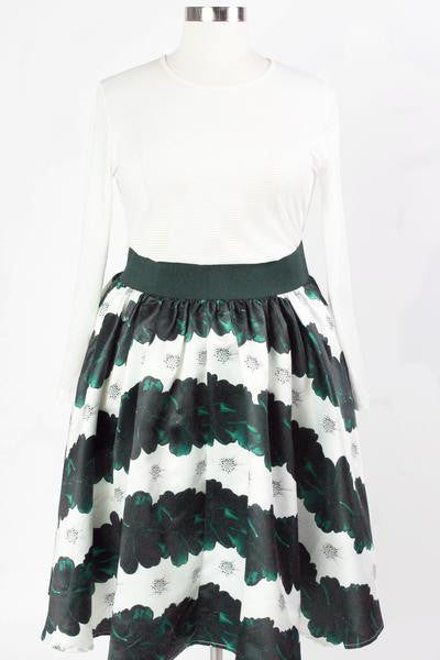 Soiree Midi Skirt - Emerald/White Floral Stripe