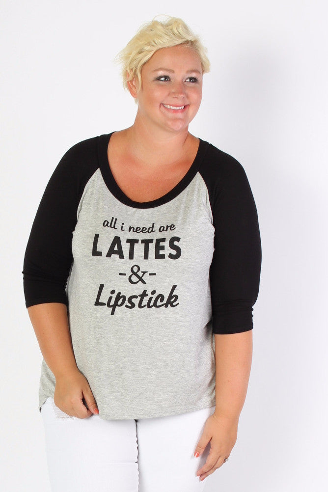 Plus Size Clothing for Women - All I Need Are Lattes -  3/4 Sleeve Graphic T-Shirt - Society+ - Society Plus - Buy Online Now! - 1